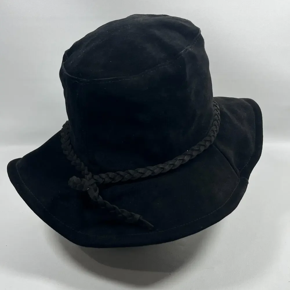 FREE PEOPLE Hat OS Tennessee Suede Leather Floppy Bucket Cap Braided Band Black